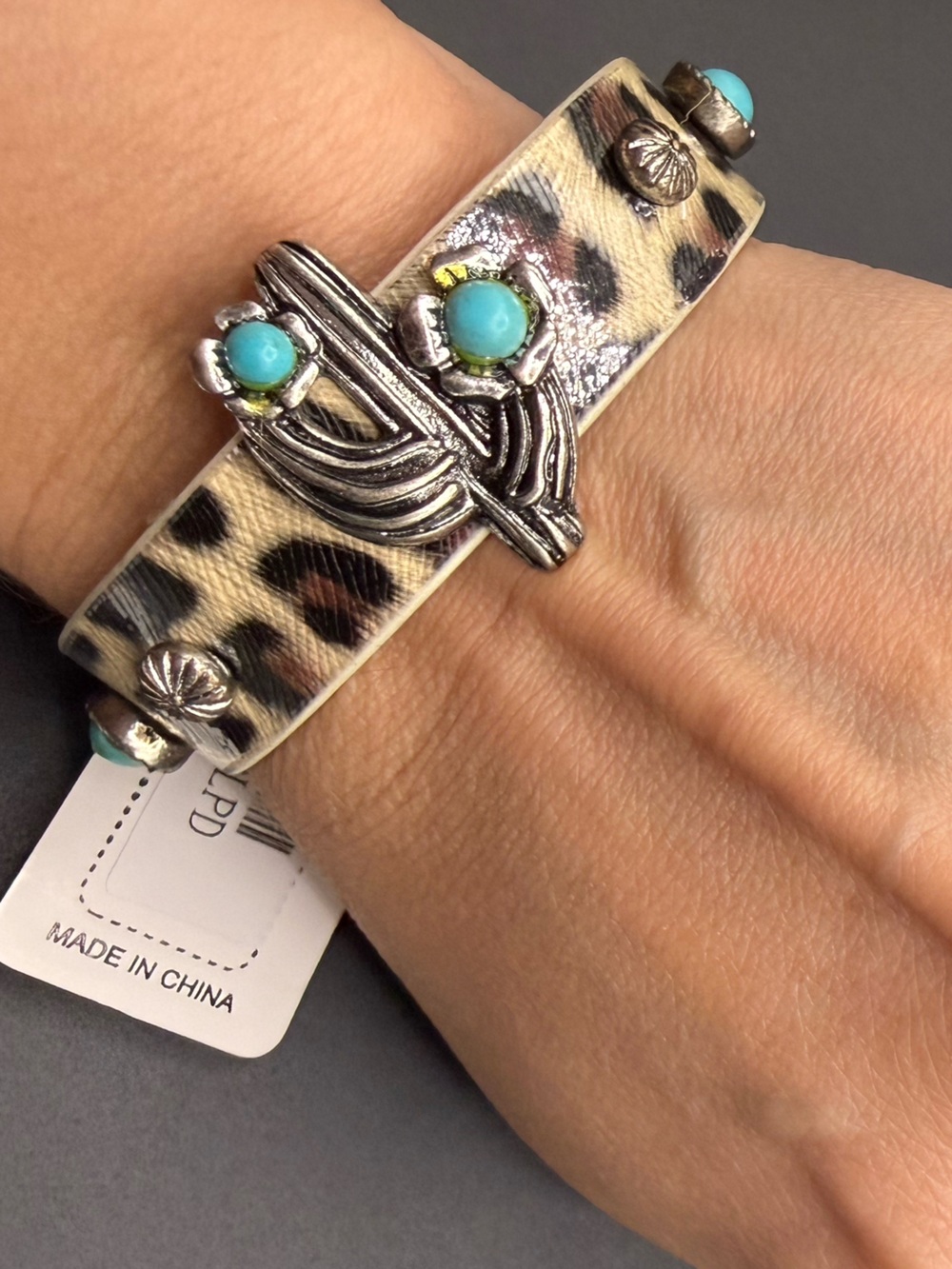 Brand New Leopard Print Wrap Bracelet with Cactus Charm and Turquoise Accents